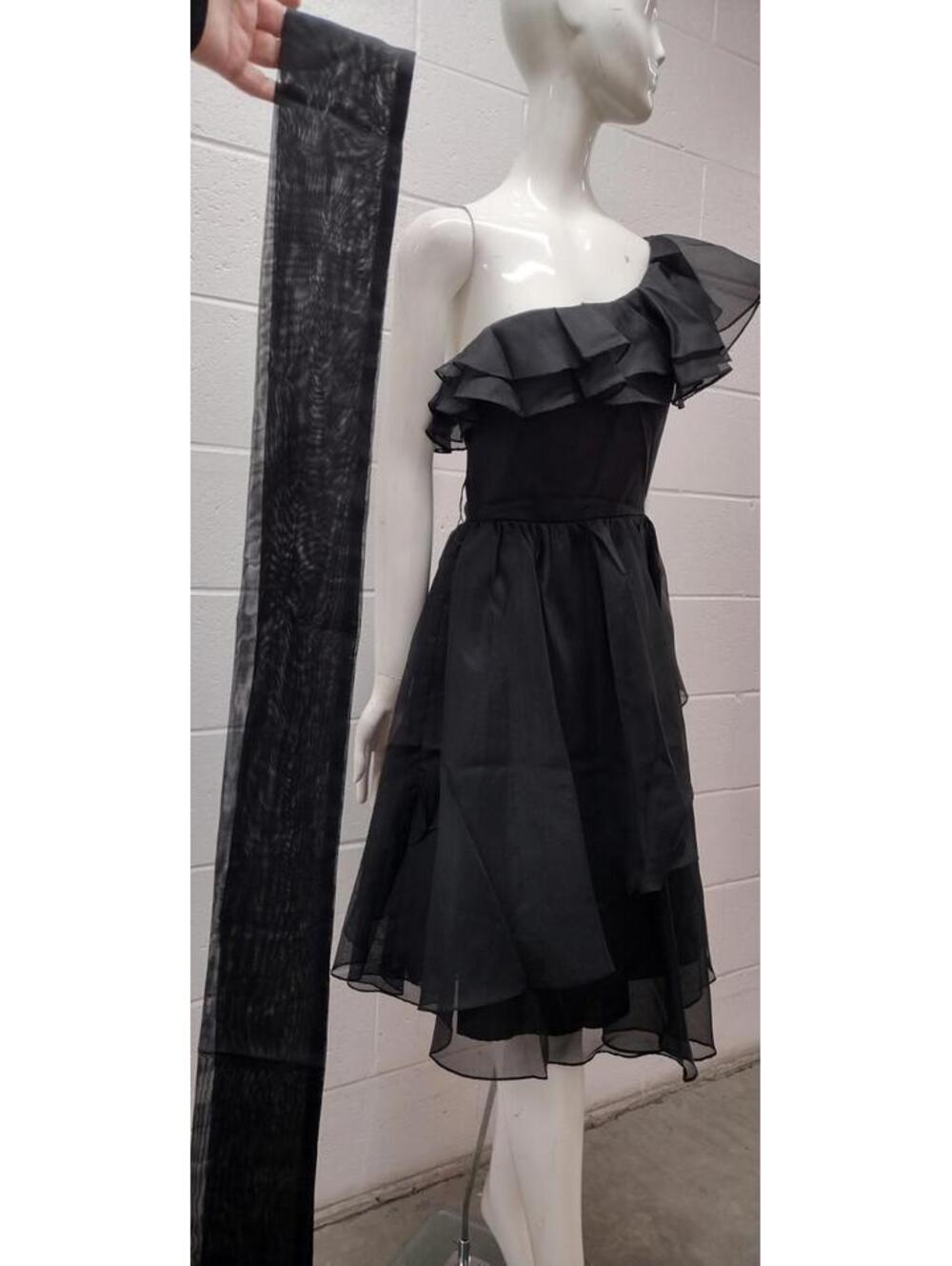Vintage Off The Shoulder Black Sheer Disco Dress Belted Early 1980s SAMIR Size S - Picture 2 of 16